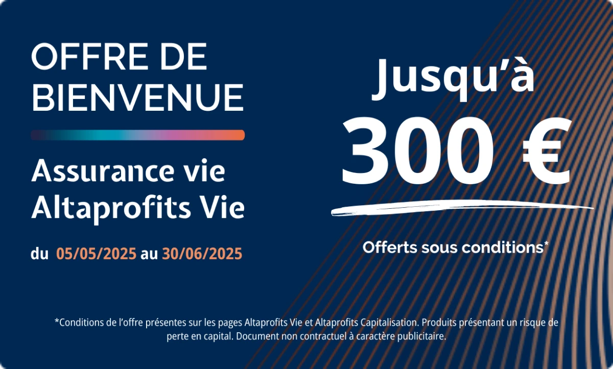 Bannière d'offre de bienvenue 300 offerts sur Altaprofits Vie