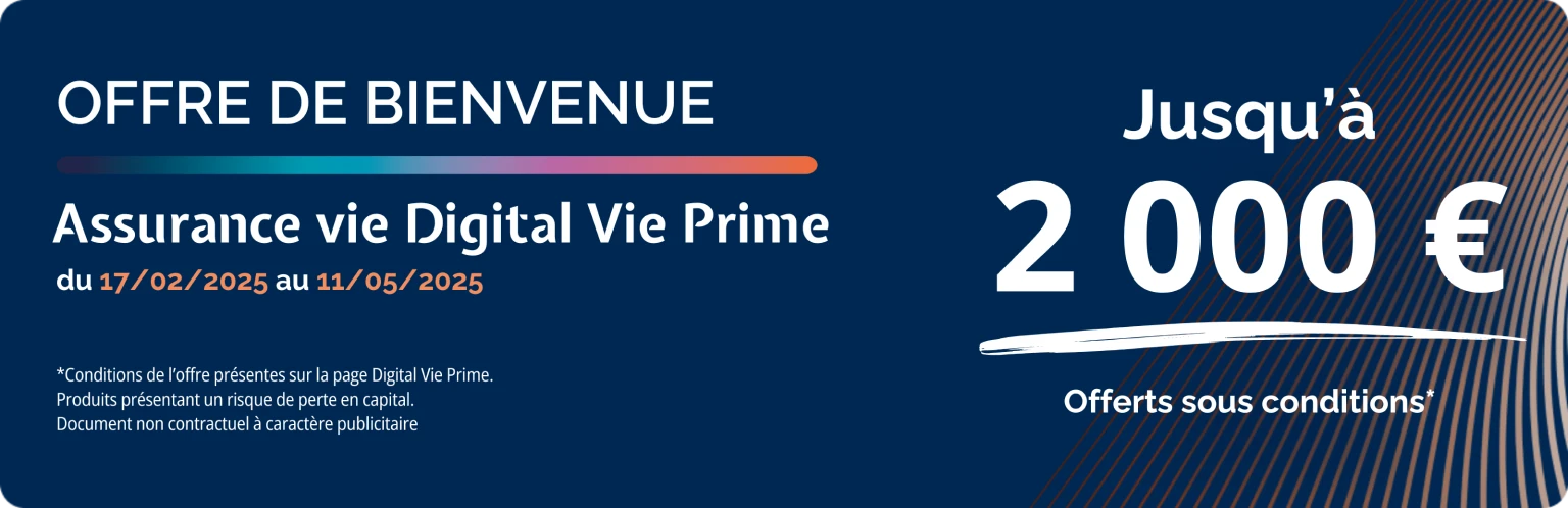 Bannière d'offre de bienvenue Digital Vie Prime pour 2000 euros offerts