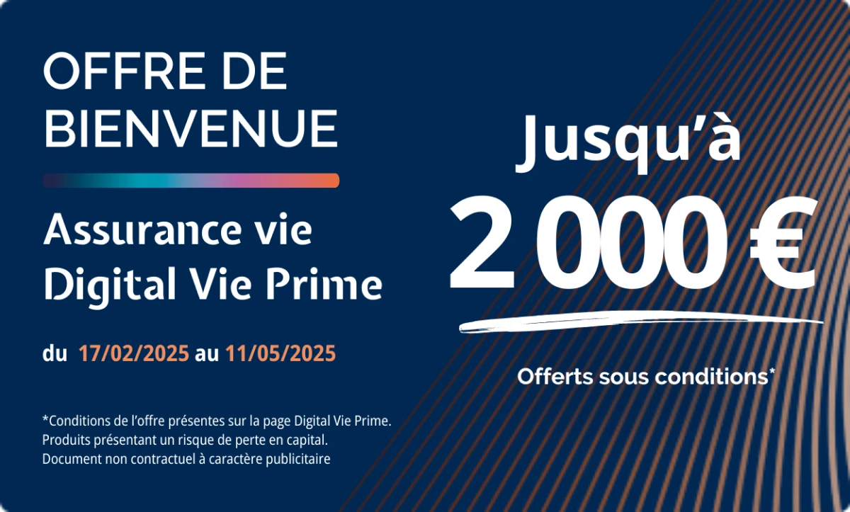 Bannière d'offre de bienvenue Digital Vie Prime pour 2000 euros offerts