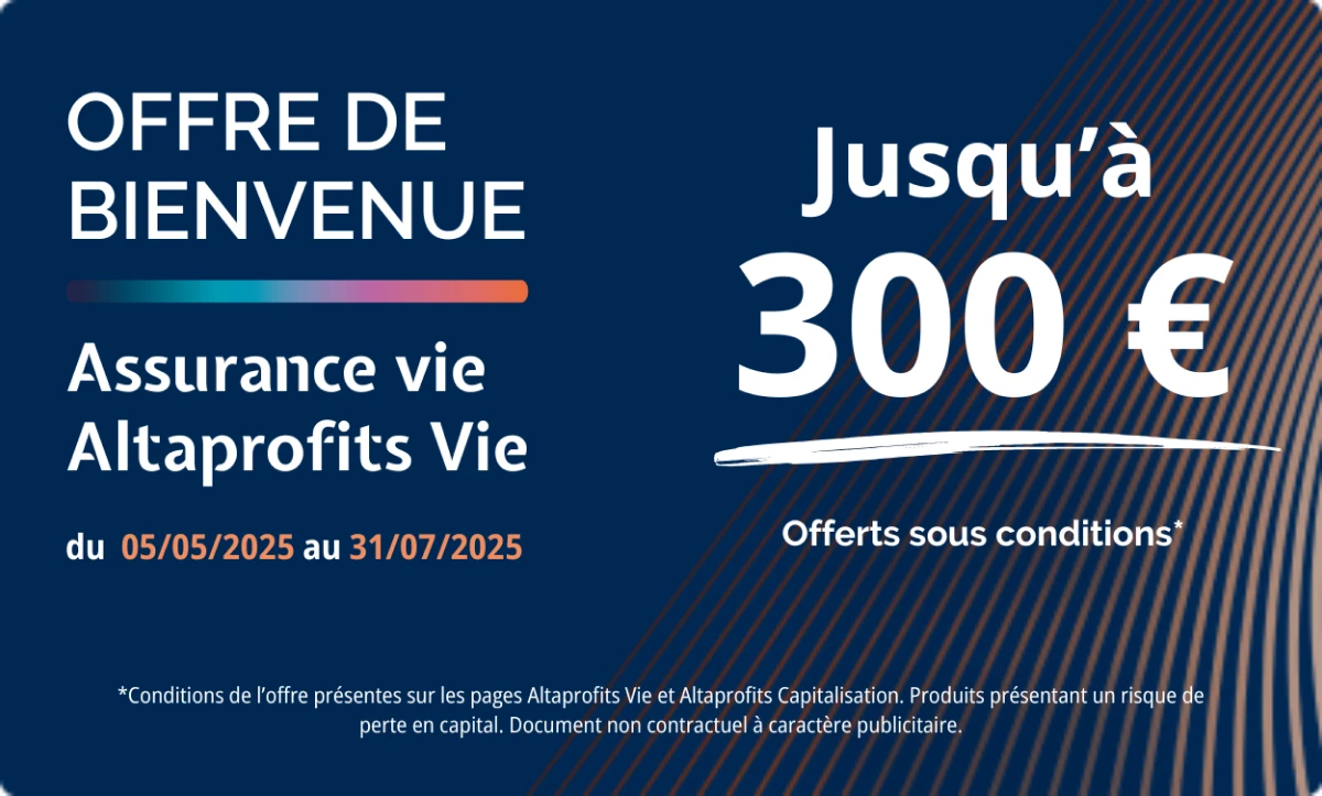 Bannière d'offre de bienvenue 300 offerts sur Altaprofits Vie