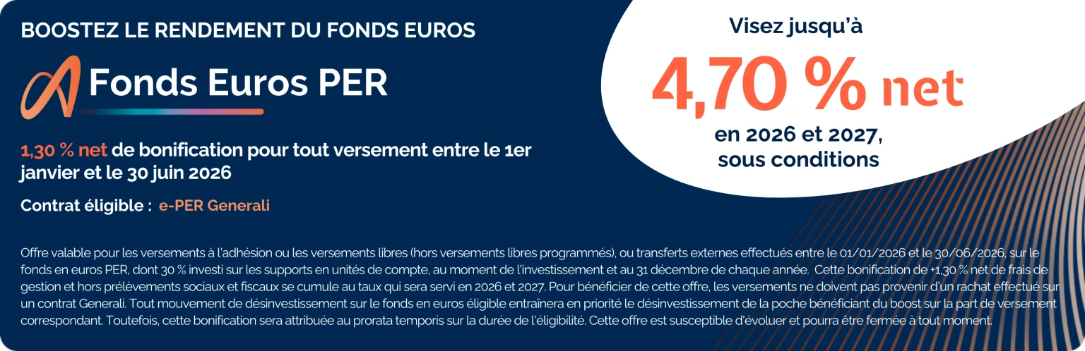 Boost sur le Fonds Euros PER : profitez d'une bonification de 1,30 % net sur le rendement de votre fonds en euros en 2026 et 2027.