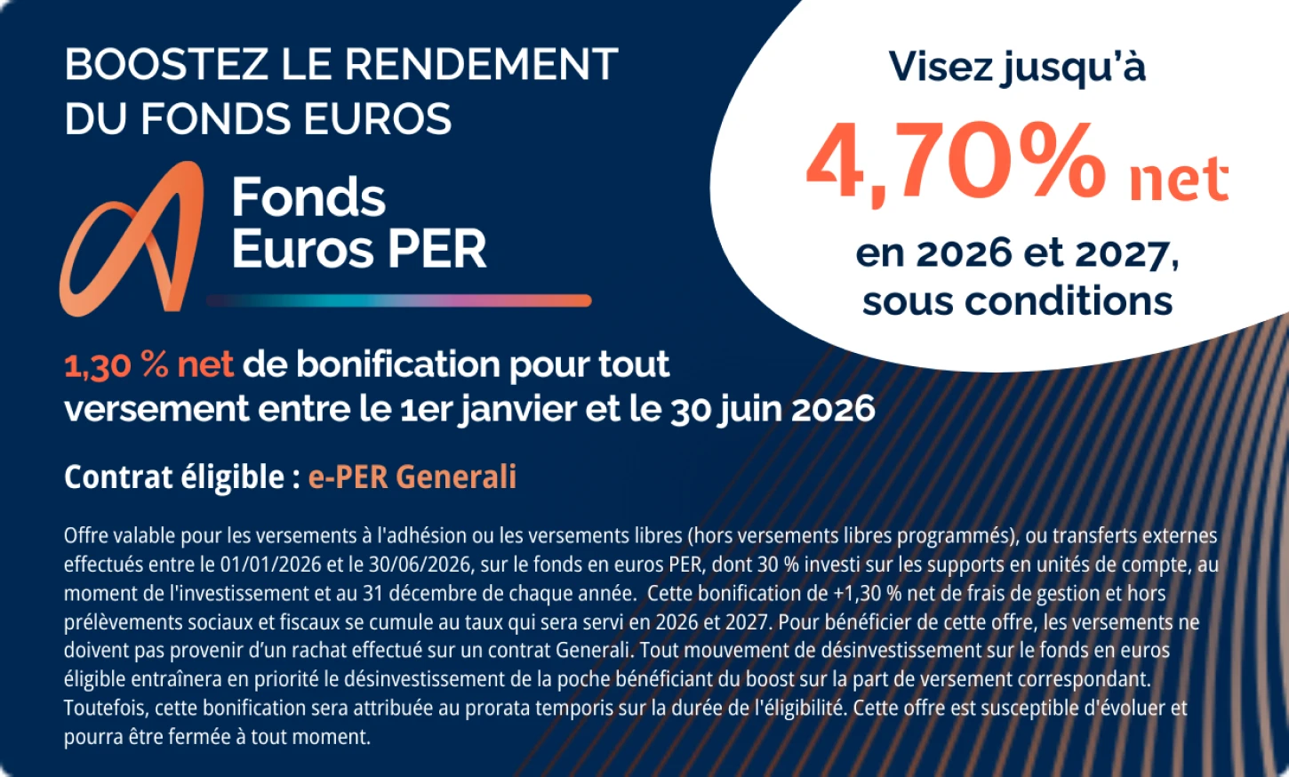 Boost sur le Fonds Euros PER : profitez d'une bonification de 1,30 % net sur le rendement de votre fonds en euros en 2026 et 2027.