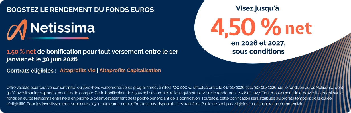 Boost sur le fonds en euros Netissima : jusqu'à 4.5 % net en 2026 et 2027.